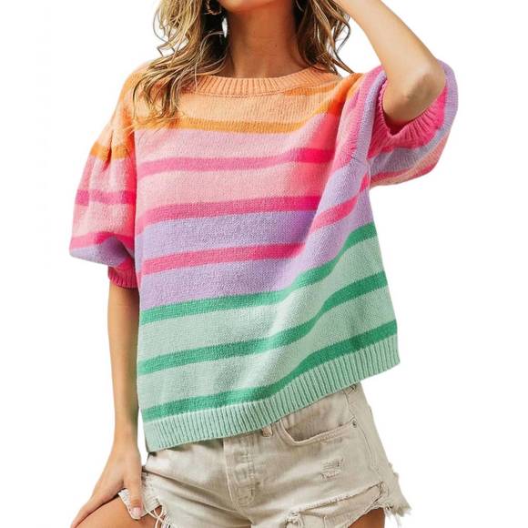 NEW BIBI puff sleeve sweater in color block - Picture 1 of 3